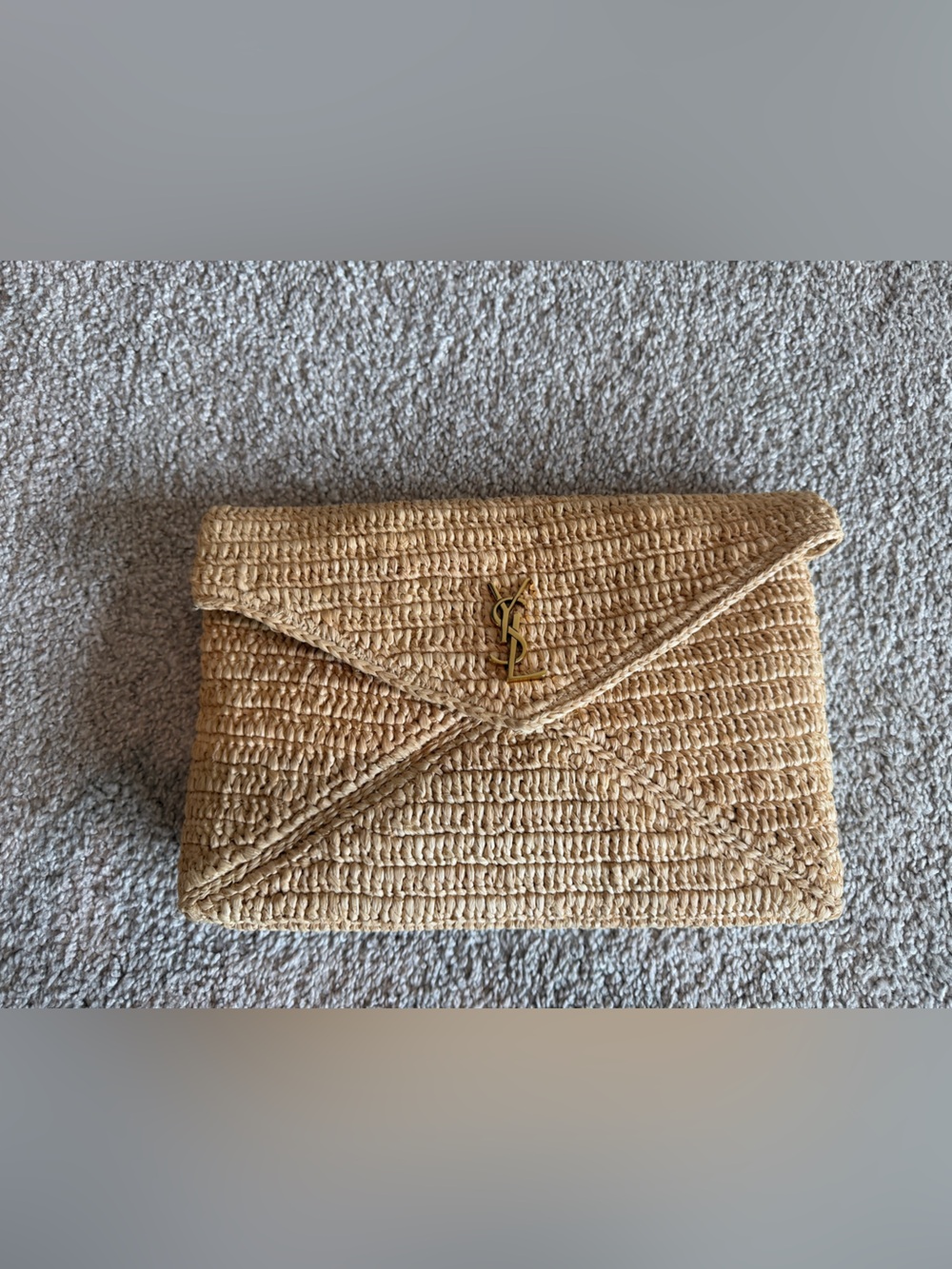 Saint Laurent Natural Raffia Envelope Clutch with Gold YSL Logo